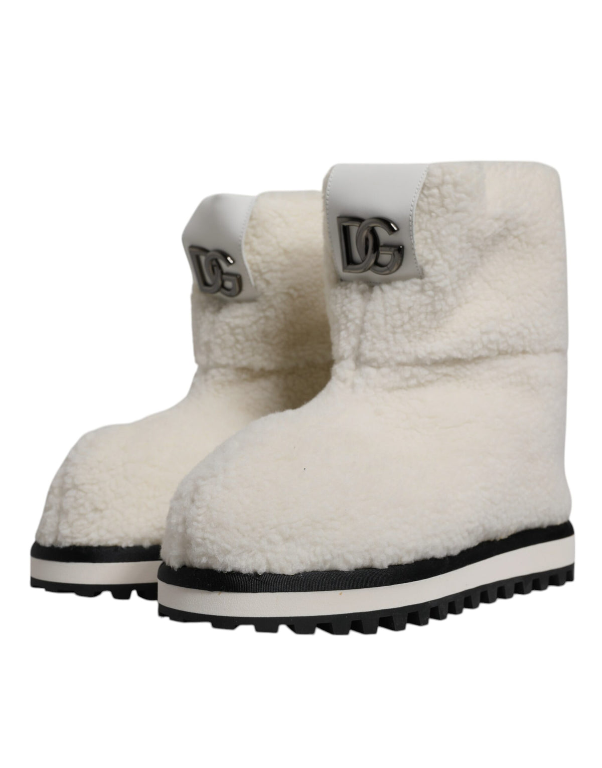 Dolce &amp; Gabbana – Weiße, gepolsterte Stiefel mit Plüschlogo und Wadenmitte