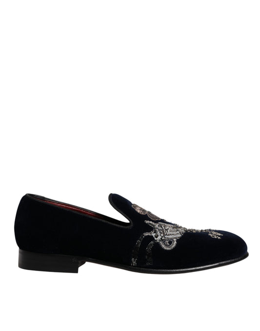 Dolce &amp; Gabbana – Loafer aus schwarzem Samt mit Blumenmuster und Pistolenmotiv