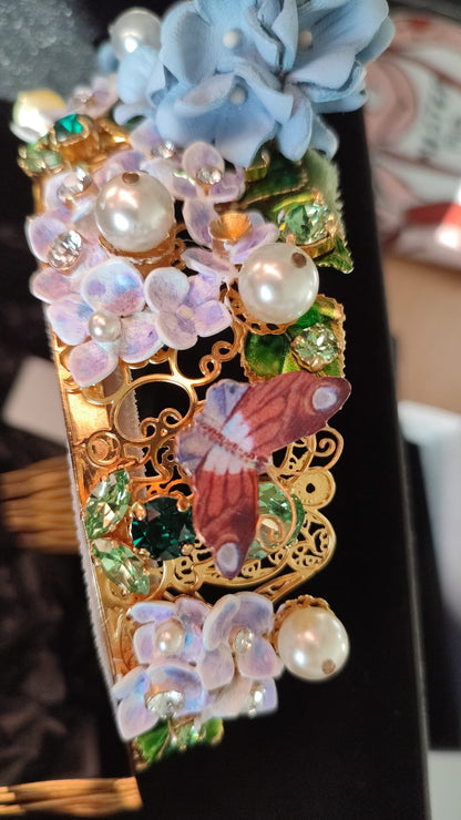 Dolce &amp; Gabbana Gold Kristall Lila Hortensia Stirnband Krone Diadem