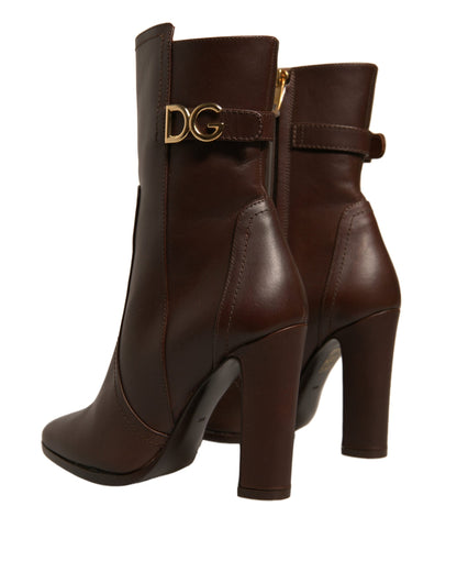 Dolce &amp; Gabbana Braune Leder Heels Halbhohe Stiefel Schuhe