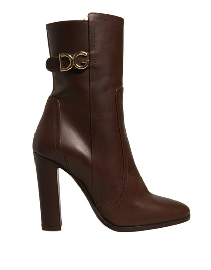 Dolce &amp; Gabbana Braune Leder Heels Halbhohe Stiefel Schuhe