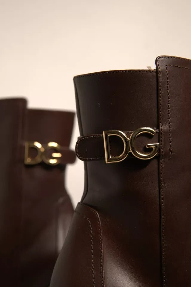 Dolce &amp; Gabbana Braune Leder Heels Halbhohe Stiefel Schuhe