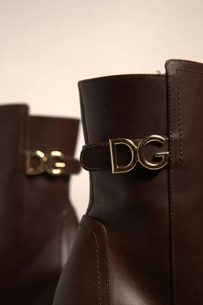 Dolce &amp; Gabbana Braune Leder Heels Halbhohe Stiefel Schuhe
