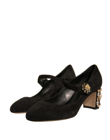 Dolce &amp; Gabbana – Mary-Jane-Pumps aus schwarzem Wildleder mit Schmucksteinen