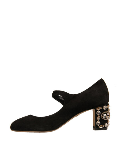 Dolce &amp; Gabbana – Mary-Jane-Pumps aus schwarzem Wildleder mit Schmucksteinen