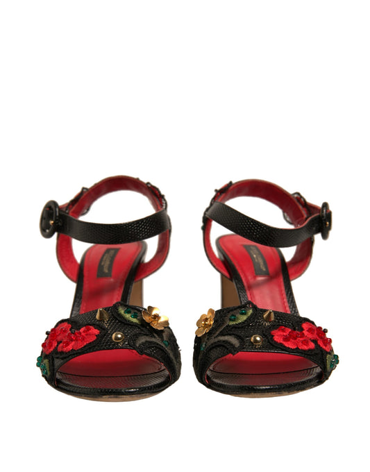 Dolce &amp; Gabbana – Schwarze Sandalen mit geprägtem Nelkenabsatz