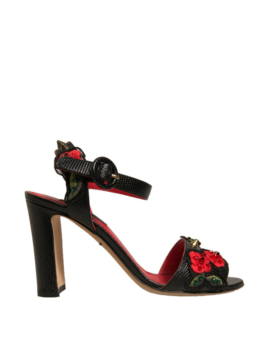 Dolce &amp; Gabbana – Schwarze Sandalen mit geprägtem Nelkenabsatz