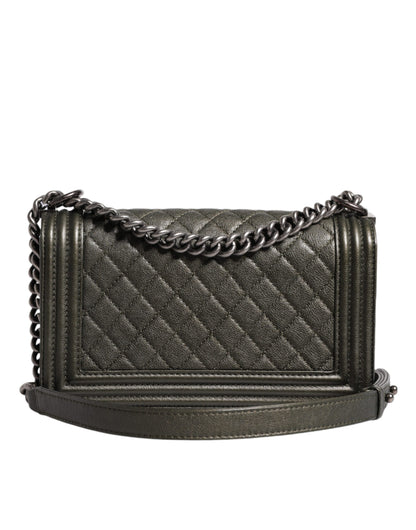 Chanel Dunkelgrüne Leder-Umhängetasche Graue Metall-Handtasche