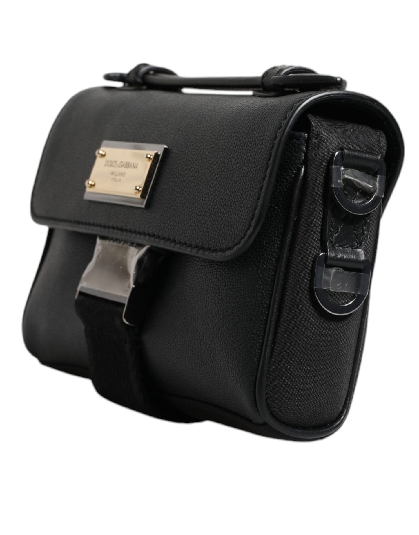 Dolce &amp; Gabbana – Schwarze Umhängetasche aus Leder mit Logo-Schild und Schnalle