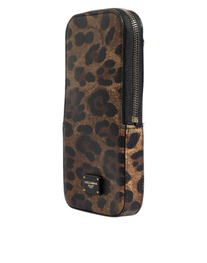 Dolce &amp; Gabbana – Geldbörse aus Dauphine-Leder mit Rundum-Reißverschluss und Leopardenmuster in Braun