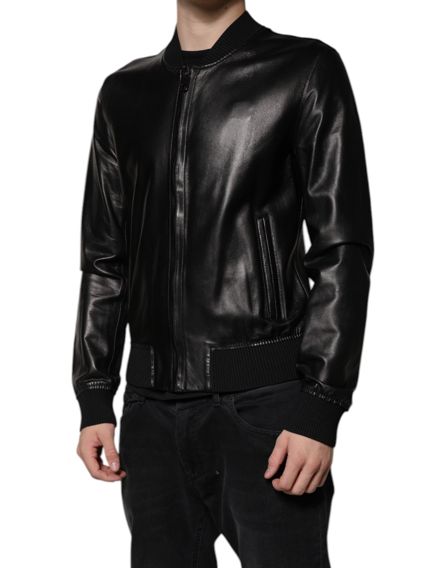 Dolce &amp; Gabbana – Schwarze Biker-Blousonjacke aus Leder mit durchgehendem Reißverschluss