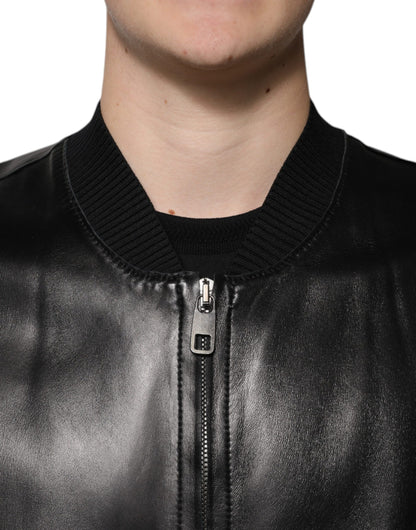Dolce &amp; Gabbana – Schwarze Biker-Blousonjacke aus Leder mit durchgehendem Reißverschluss