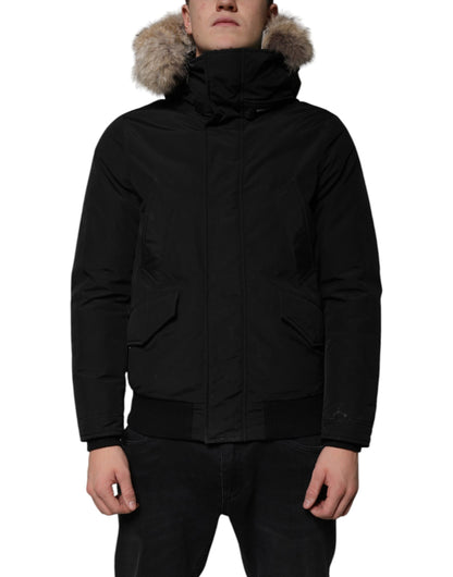 Woolrich – Schwarze, langärmlige Manteljacke aus Pelz und Lammfell mit Kapuze