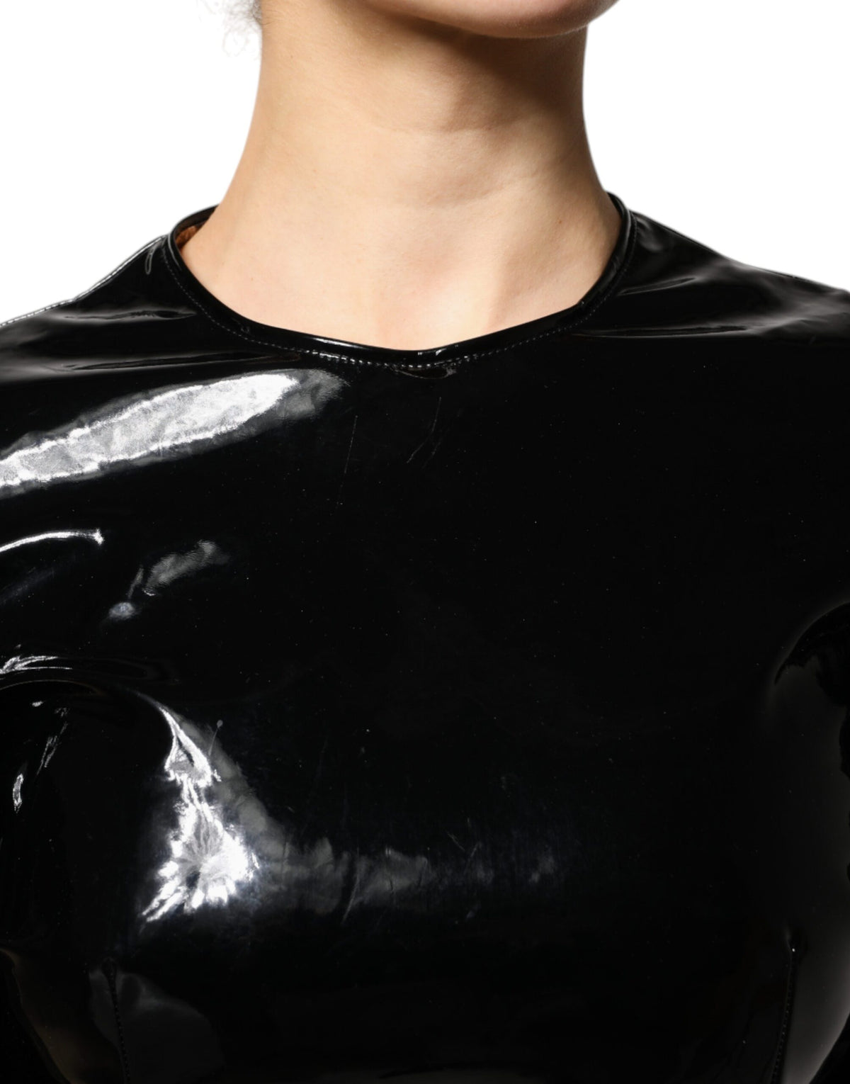 Dolce &amp; Gabbana – Schwarzes Minikleid aus Lackleder mit Puffärmeln