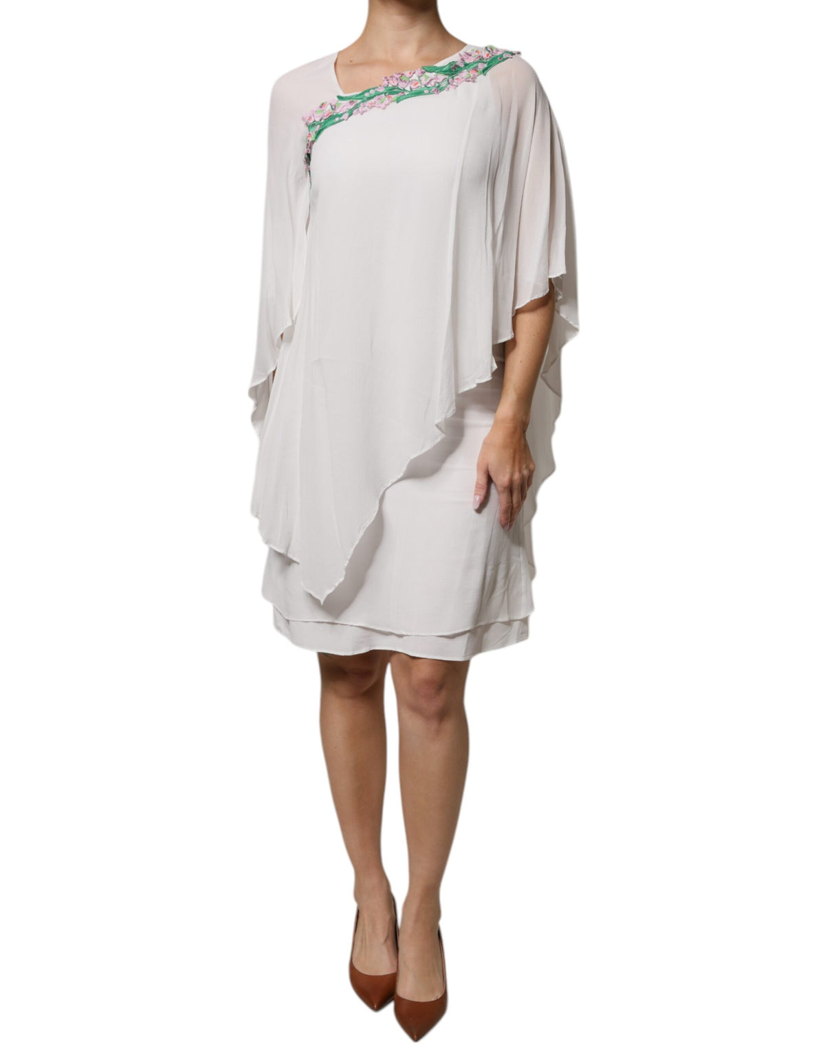 Blumarine – Weißes Etuikleid aus Viskose-Chiffon mit Blumenstickerei