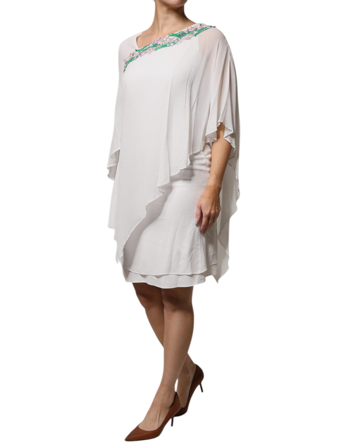 Blumarine – Weißes Etuikleid aus Viskose-Chiffon mit Blumenstickerei