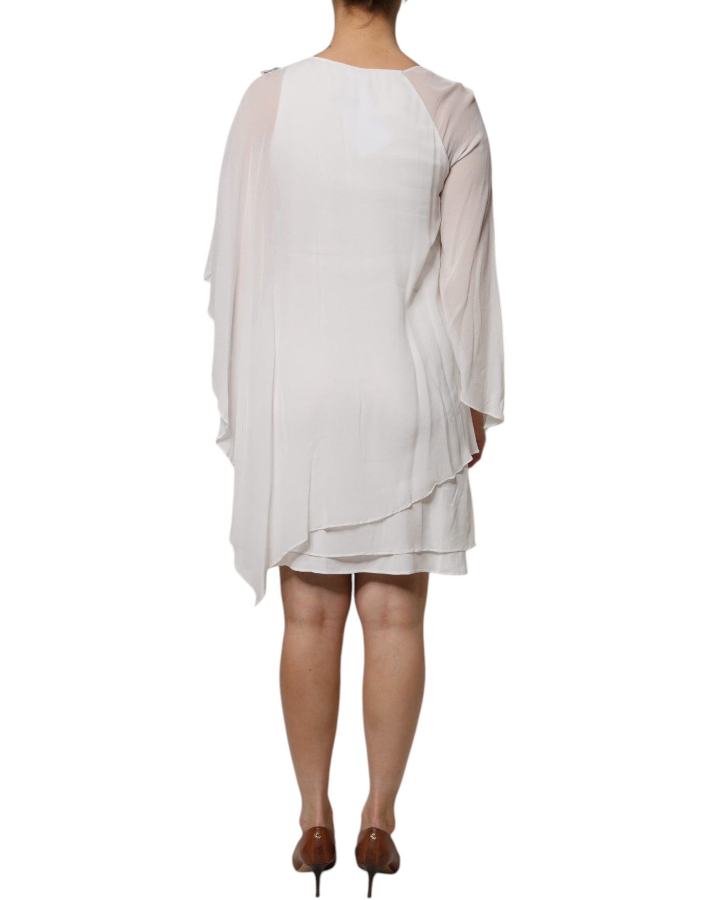 Blumarine – Weißes Etuikleid aus Viskose-Chiffon mit Blumenstickerei