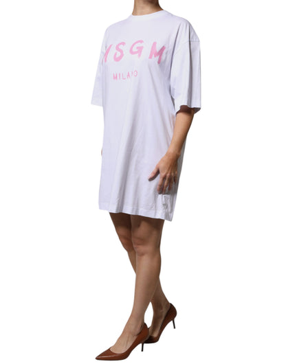MSGM Weißes Baumwoll-T-Shirt mit Logo-Print und kurzen Ärmeln, Minikleid