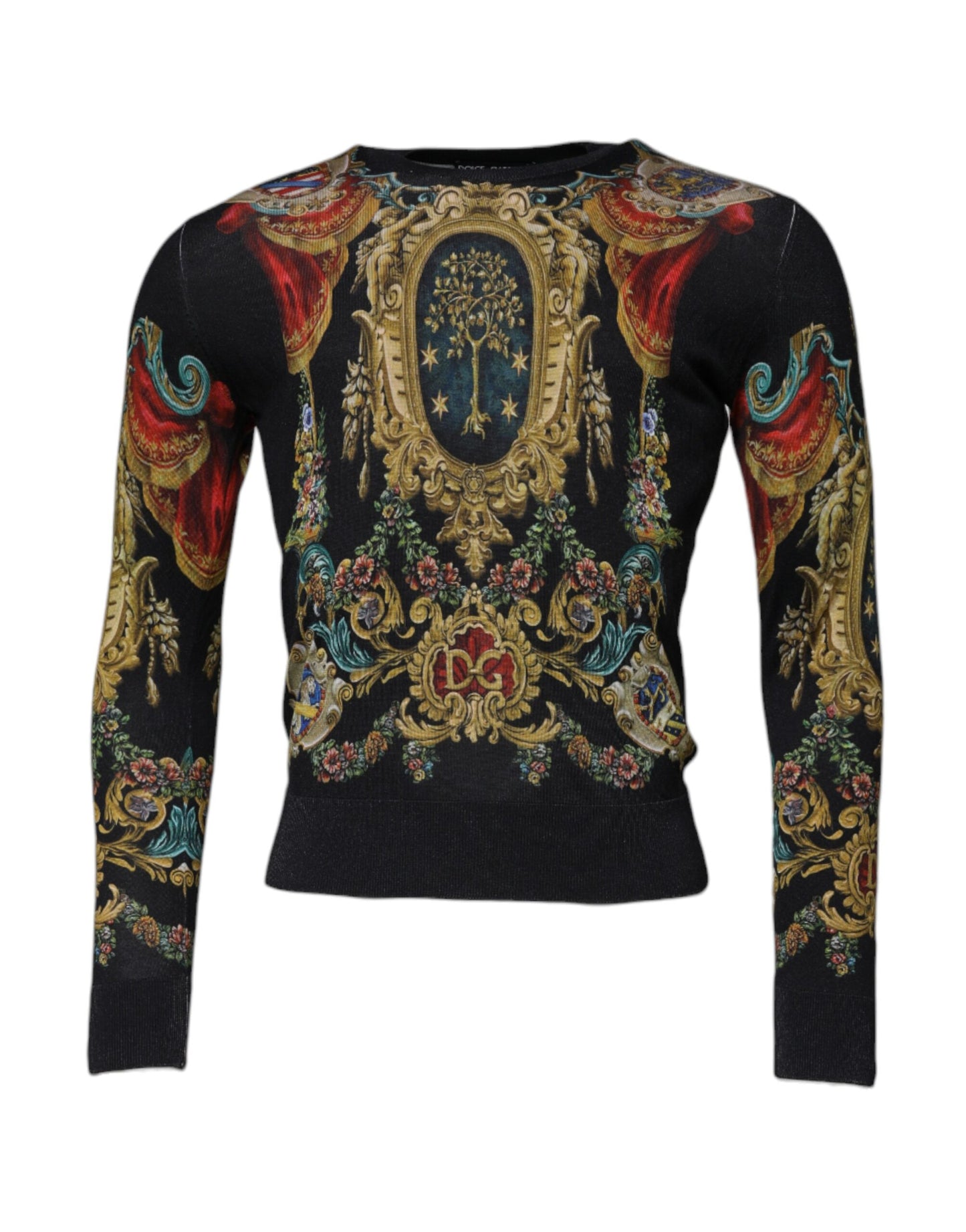 Dolce &amp; Gabbana Schwarzer Pullover mit Rundhalsausschnitt aus Seide mit heraldischem DG-Muster