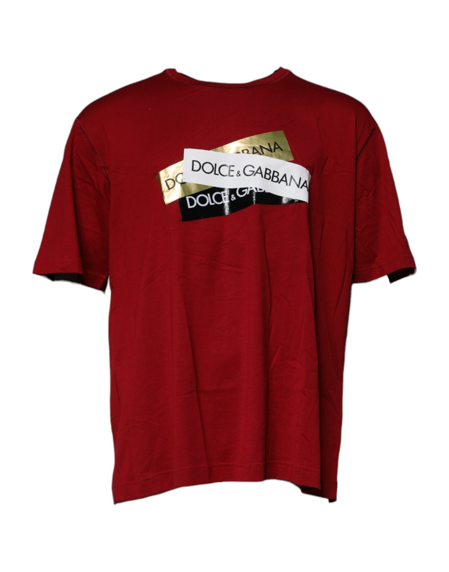 Dolce &amp; Gabbana – Rotes Baumwoll-T-Shirt mit Rundhalsausschnitt und Logoband