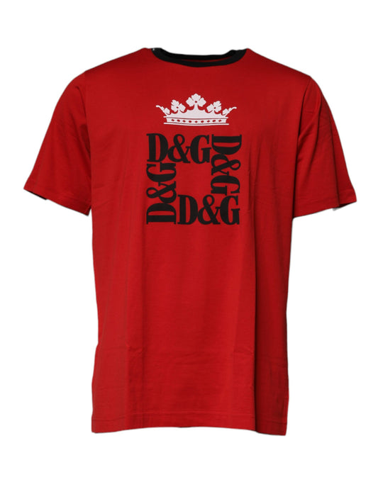 Dolce &amp; Gabbana – Rotes Baumwoll-T-Shirt mit Rundhalsausschnitt und Krone