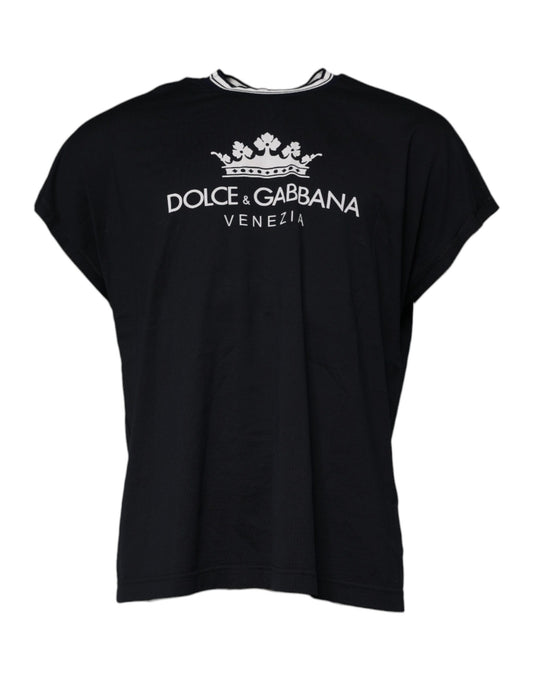 Dolce &amp; Gabbana Dunkelblaues T-Shirt aus Baumwolle mit Rundhalsausschnitt und Logo-Krone
