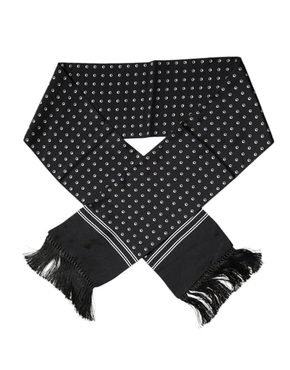 Dolce & Gabbana Black White Polka Dotted Silk Skinny Fringes Scarf