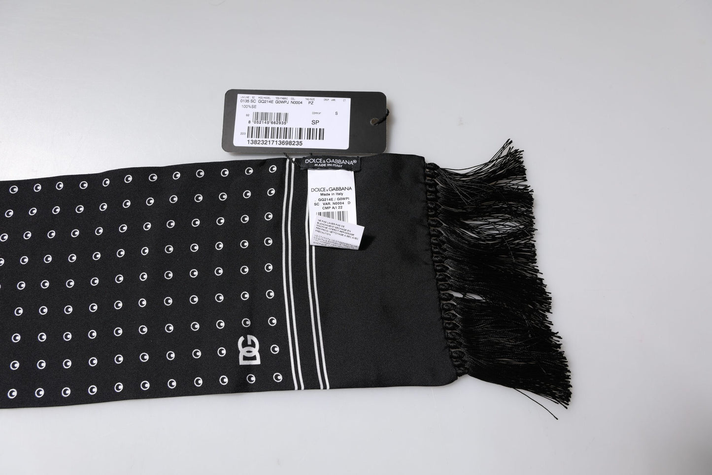 Dolce & Gabbana Black White Polka Dotted Silk Skinny Fringes Scarf