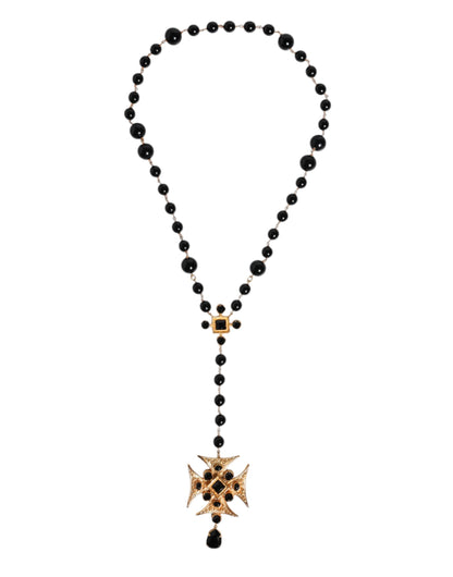 Dolce & Gabbana Gold Tone Brass Cross Black Beaded Chain Rosary Necklace