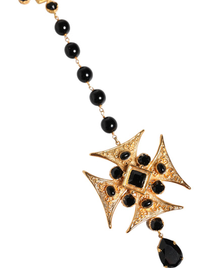 Dolce & Gabbana Gold Tone Brass Cross Black Beaded Chain Rosary Necklace
