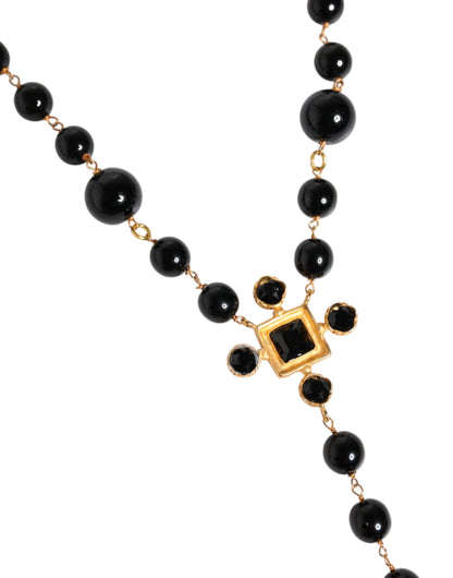 Dolce & Gabbana Gold Tone Brass Cross Black Beaded Chain Rosary Necklace