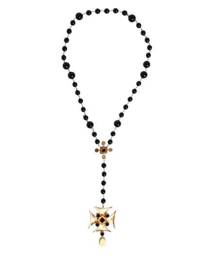 Dolce & Gabbana Gold Tone Brass Cross Black Beaded Chain Rosary Necklace