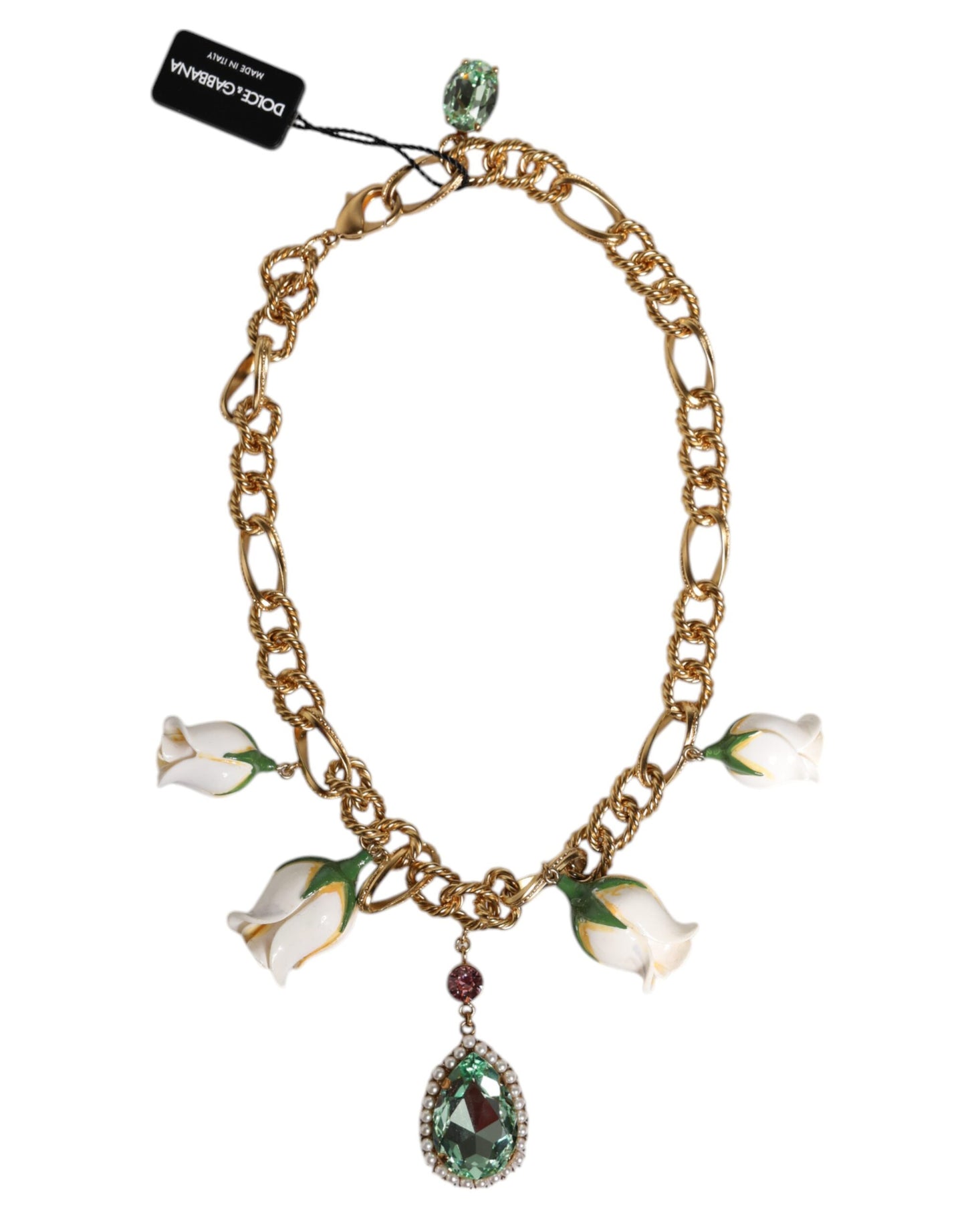 Dolce &amp; Gabbana Halskette mit Blumen- und Kristallanhänger aus goldenem Messing