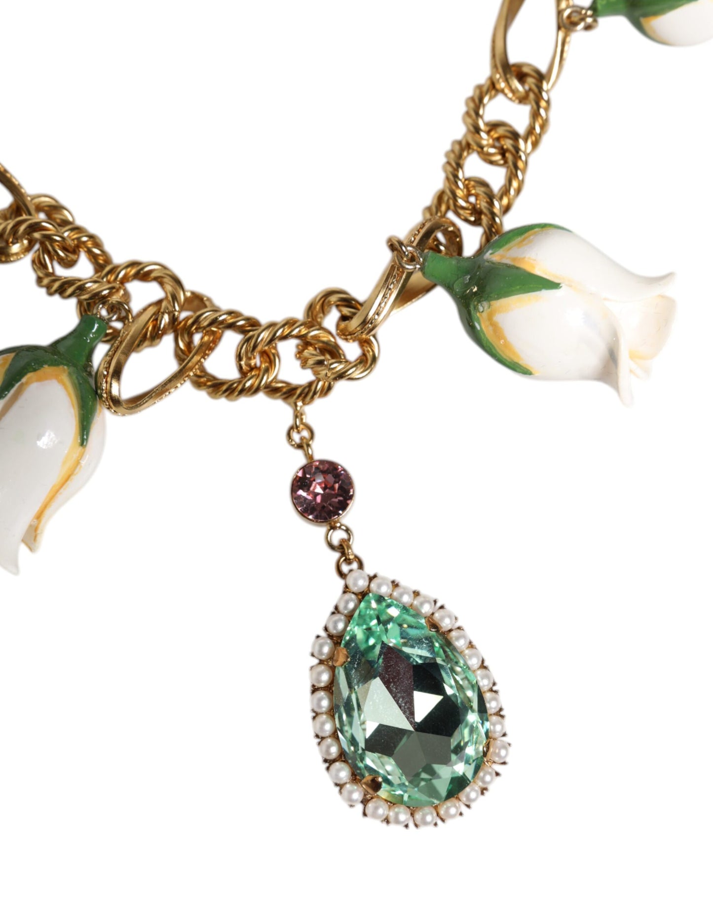 Dolce &amp; Gabbana Halskette mit Blumen- und Kristallanhänger aus goldenem Messing