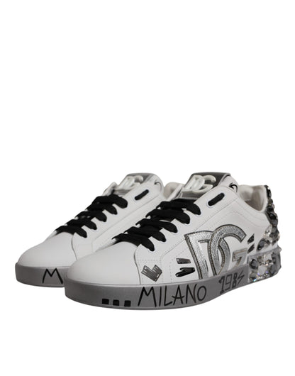 Dolce &amp; Gabbana – Portofino-Sneakers mit Kristall-Logo in Weiß und Silber