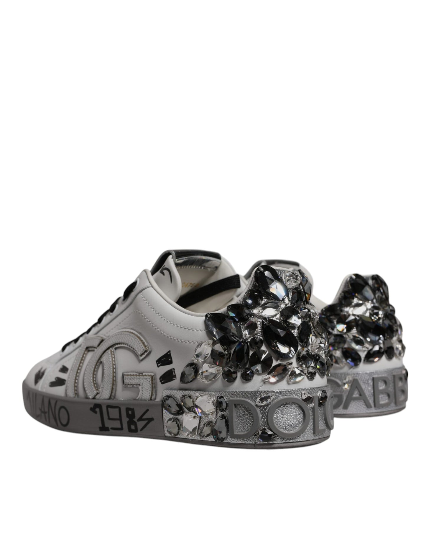 Dolce &amp; Gabbana – Portofino-Sneakers mit Kristall-Logo in Weiß und Silber