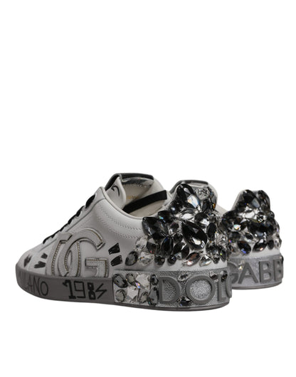 Dolce &amp; Gabbana – Portofino-Sneakers mit Kristall-Logo in Weiß und Silber