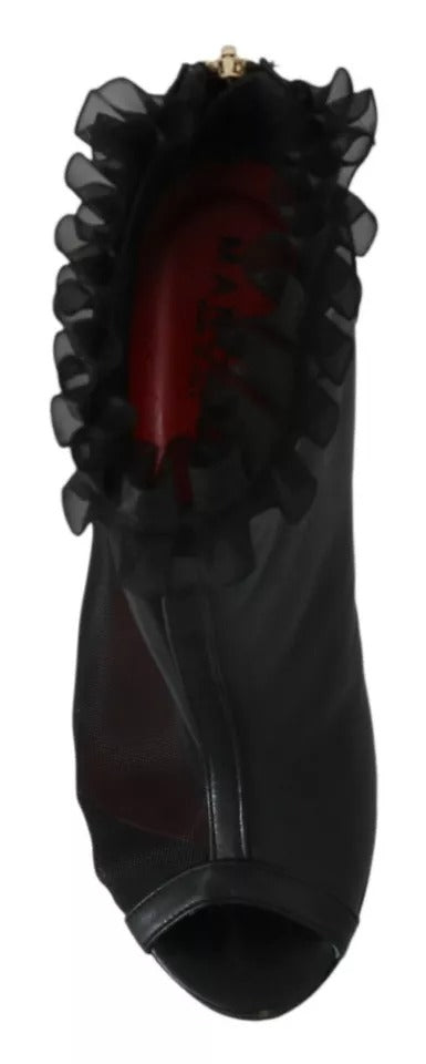 Mangano Black Leather Mesh Stiletto High Heels Peep Toe Boots Shoes