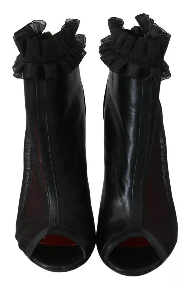 Mangano Black Leather Mesh Stiletto High Heels Peep Toe Boots Shoes