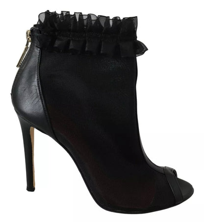 Mangano Black Leather Mesh Stiletto High Heels Peep Toe Boots Shoes