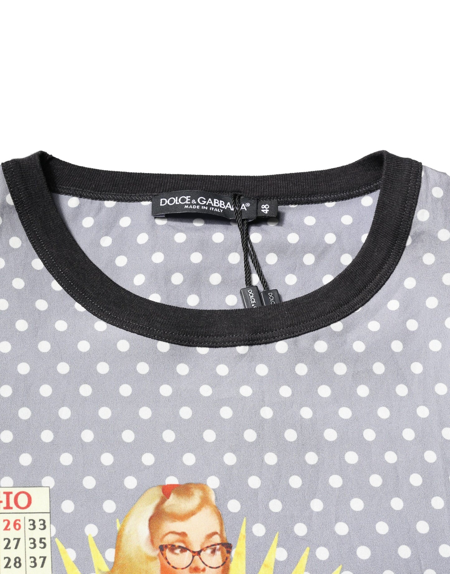 Dolce &amp; Gabbana Graues T-Shirt mit Rundhalsausschnitt und Pin-Up-Print mit Polka Dots