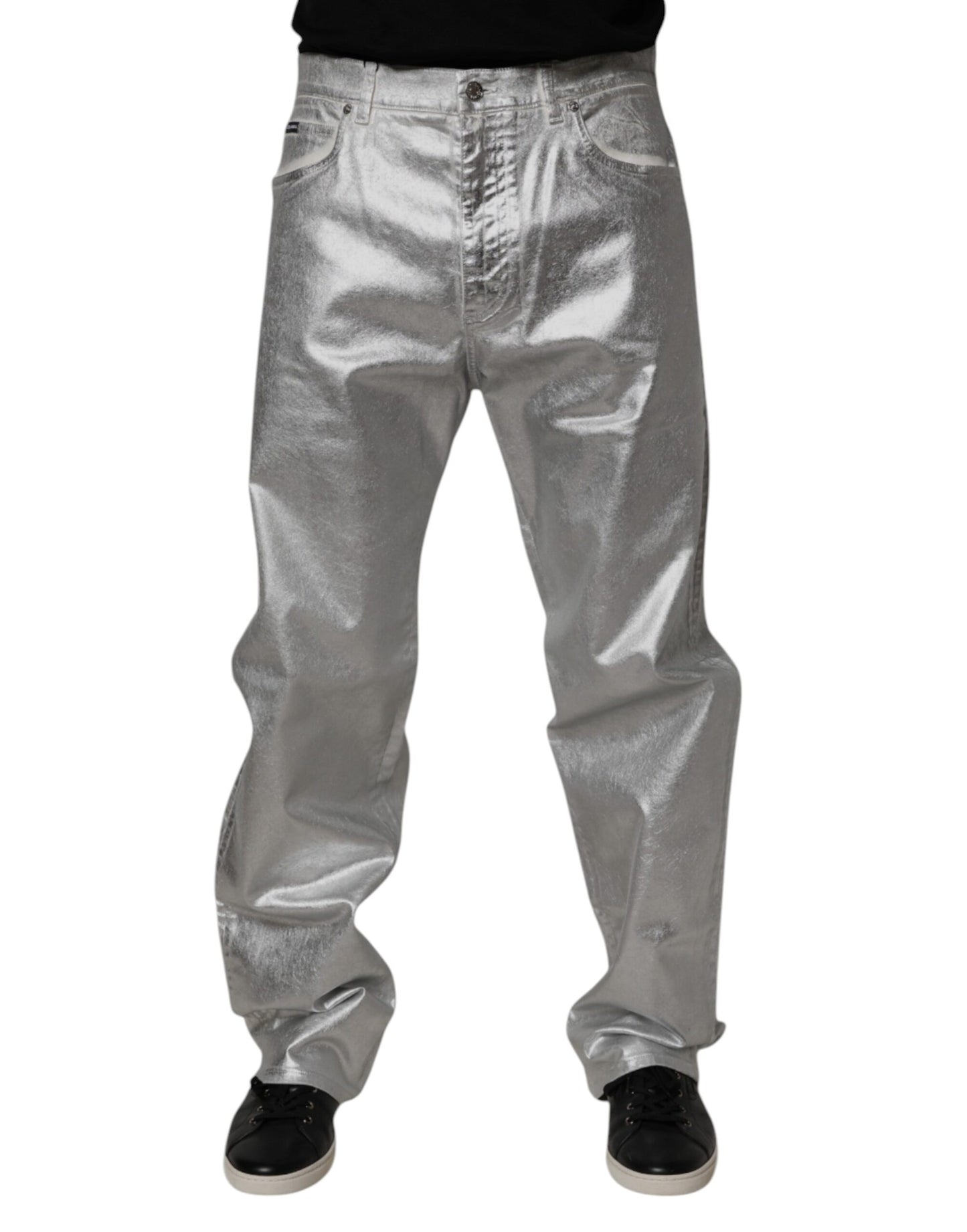 Dolce &amp; Gabbana – Gerade geschnittene Jeans aus Baumwolle in Metallic-Silber