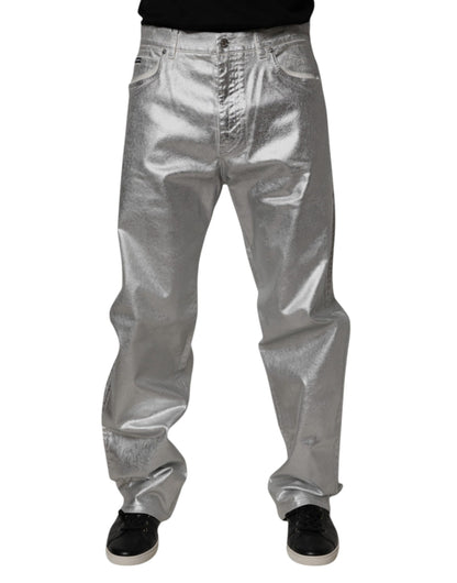 Dolce &amp; Gabbana – Gerade geschnittene Jeans aus Baumwolle in Metallic-Silber