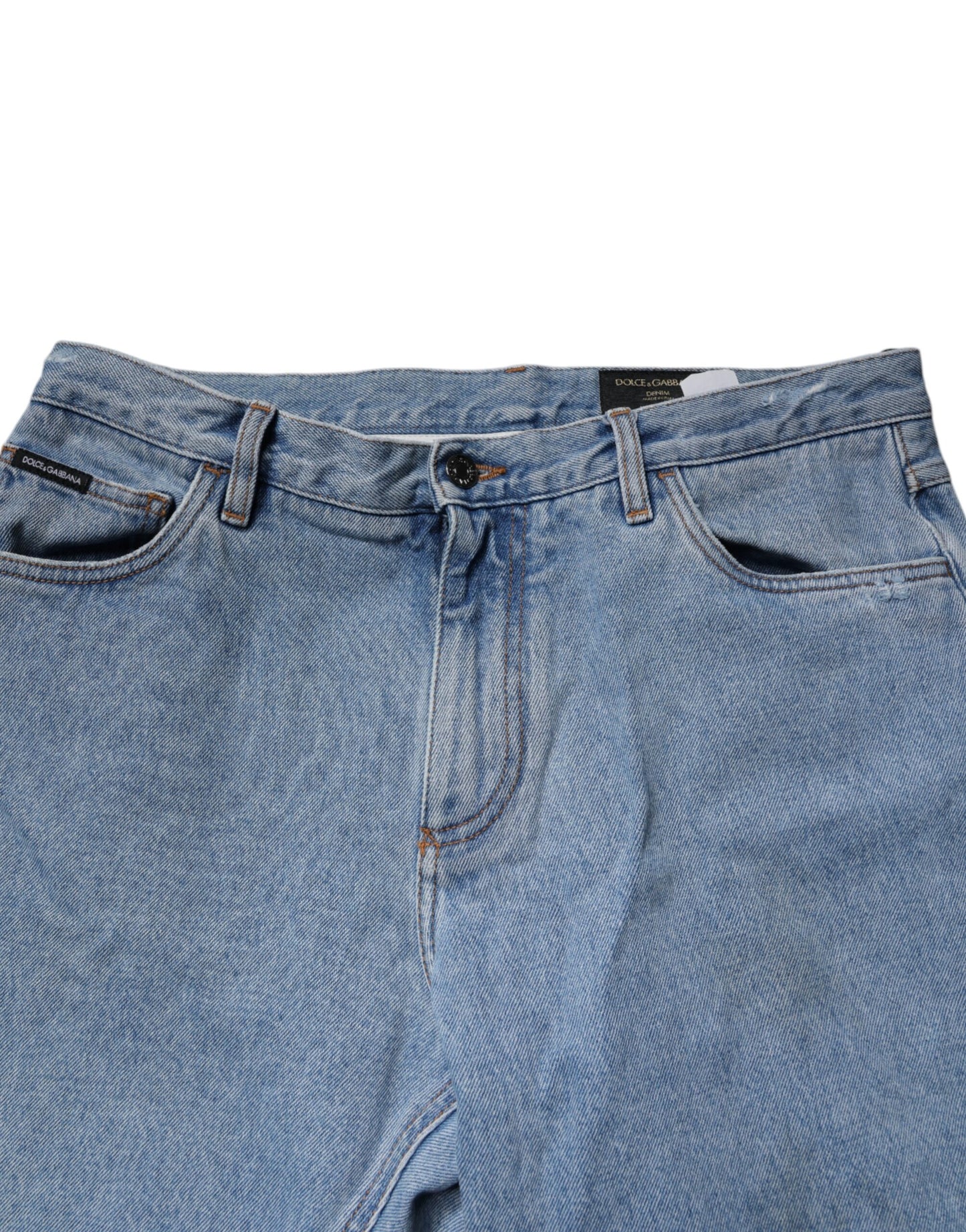 بنطلون جينز رجالي ضيق من القطن باللون الأزرق من دولتشي آند غابانا بخصر متوسط
