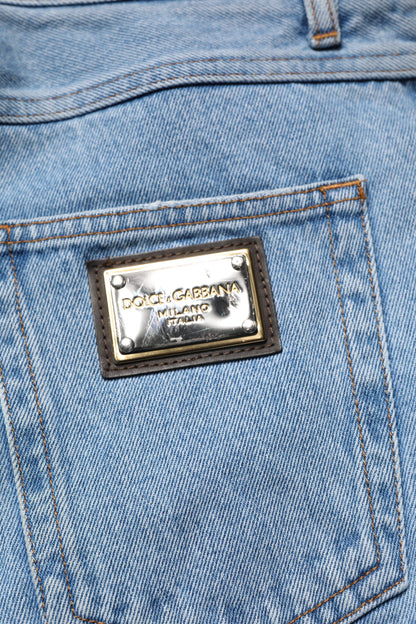 بنطلون جينز رجالي ضيق من القطن باللون الأزرق من دولتشي آند غابانا بخصر متوسط