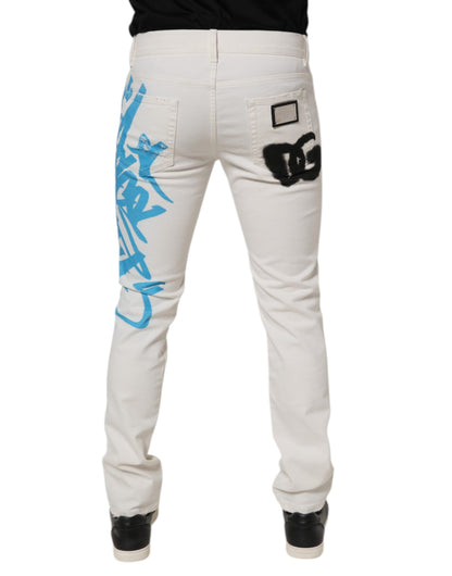 Dolce &amp; Gabbana – Weiße, zerfetzte Skinny-Jeans mit Graffiti-Print