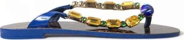 Dolce &amp; Gabbana Blaue Kristalle Flats Sandalen Beachwear Schuhe