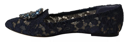 Dolce & Gabbana Blue Crystal Loafer Lace Ballet Flats Shoes