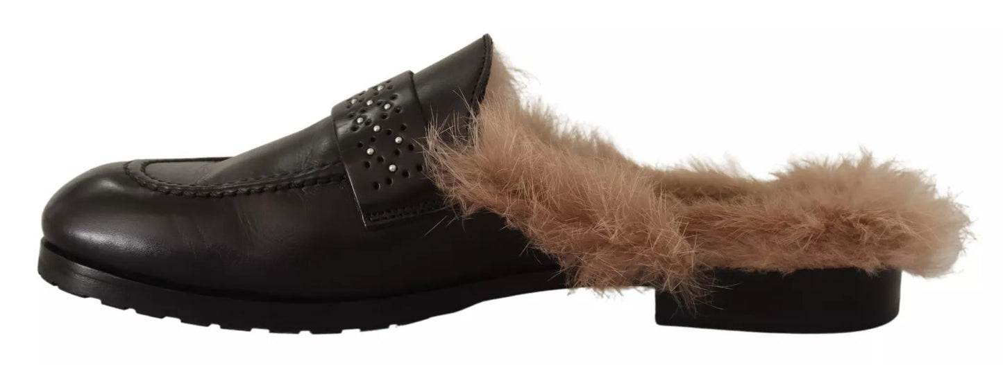 Peserico – Schwarze Slipper aus perforiertem Leder und Pelz