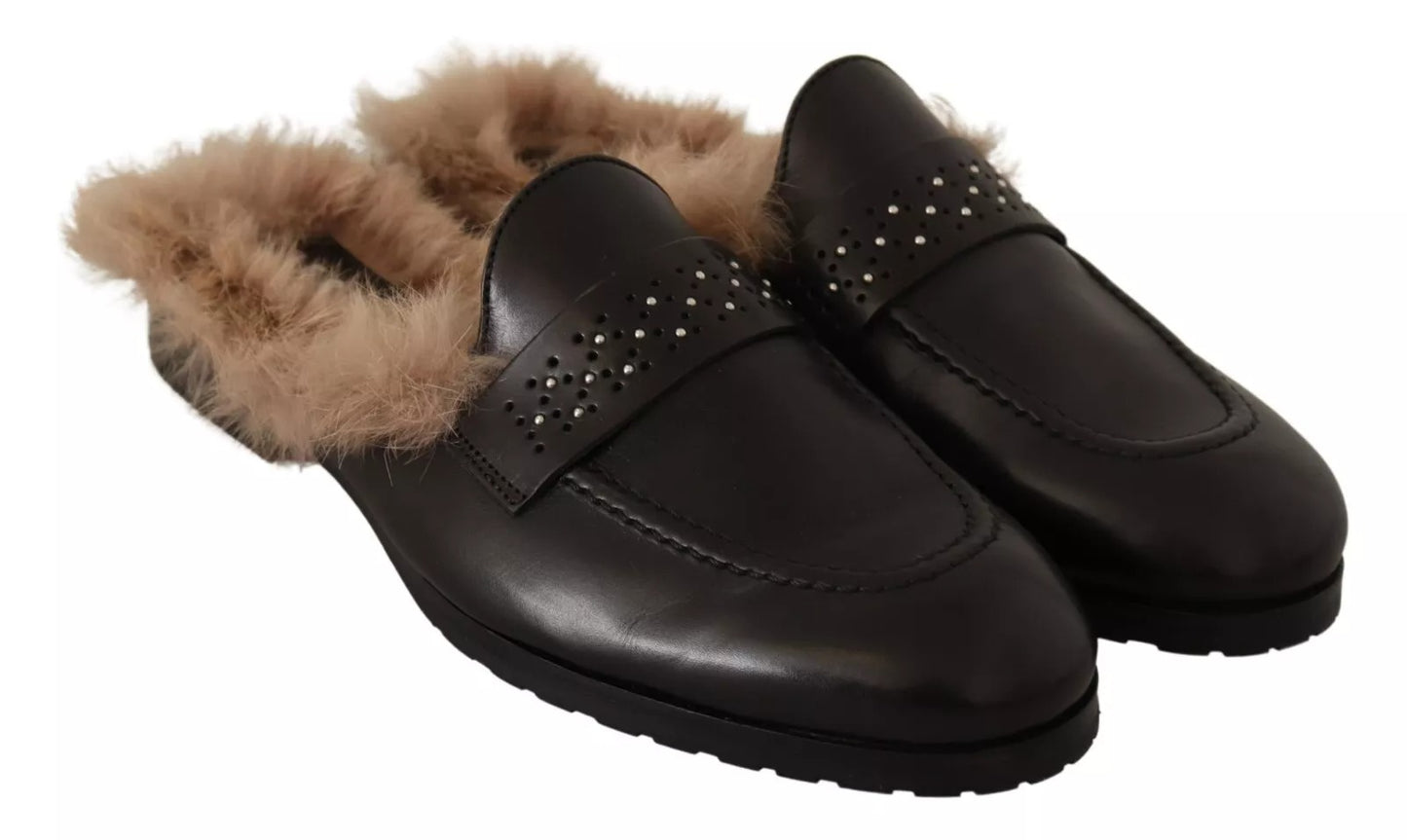 Peserico – Schwarze Slipper aus perforiertem Leder und Pelz